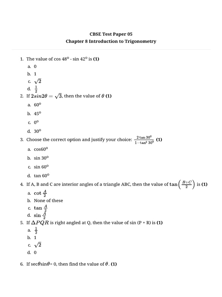 CBSE Class 10 Trigonometry Test 05 | PDF | Trigonometry | Euclidean ...