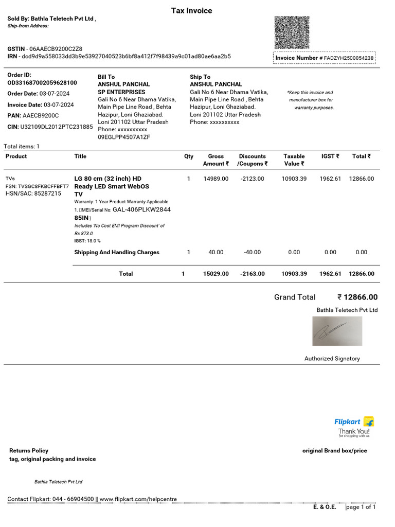 Invoice for LG Smart TV Purchase | PDF | Taxes