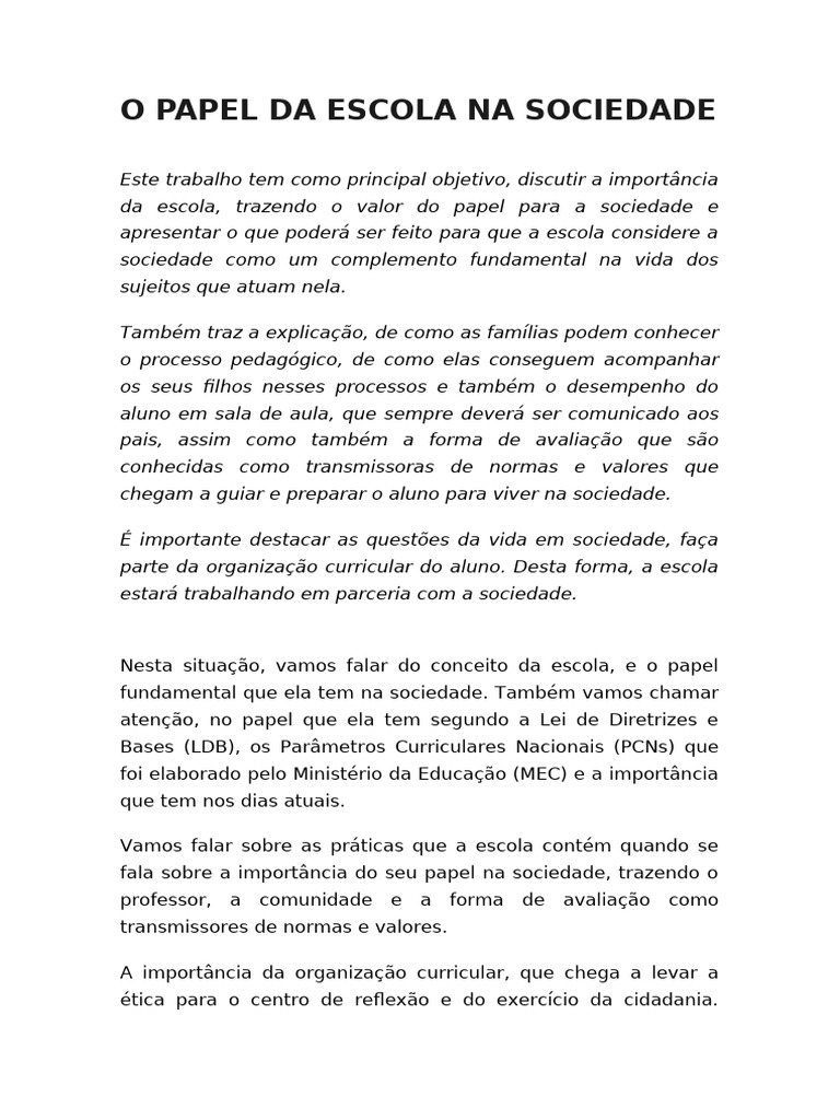 A Importância da Escola na Sociedade | PDF | Sociedade | Sociologia