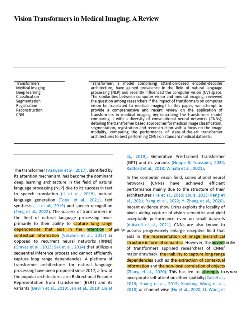 Vision Transformers in Medical Imaging - A Review | PDF | Medical ...