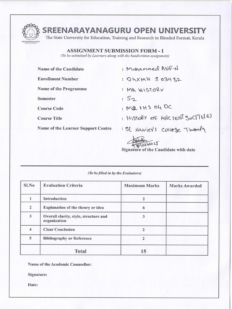 Assignment Submission Form - Kerala University | PDF