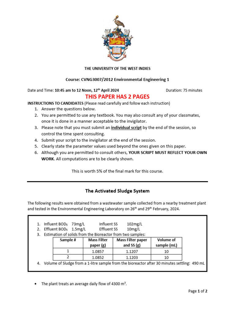 CVNG3007/2012 Environmental Engineering 1 Waste Water Assignment 2024 ...