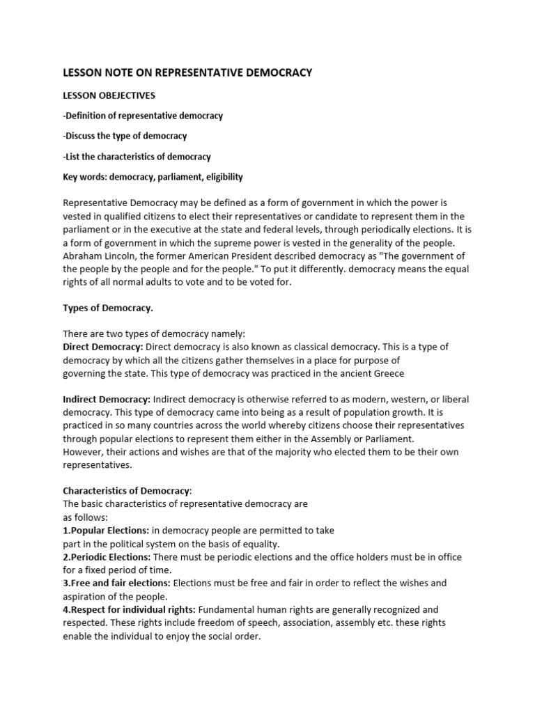 Lesson Note On Representative Democracy Year 10 | PDF | Democracy ...