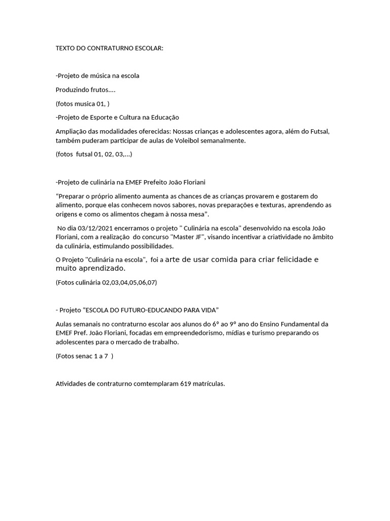 Texto Do Contraturno Escolar | PDF
