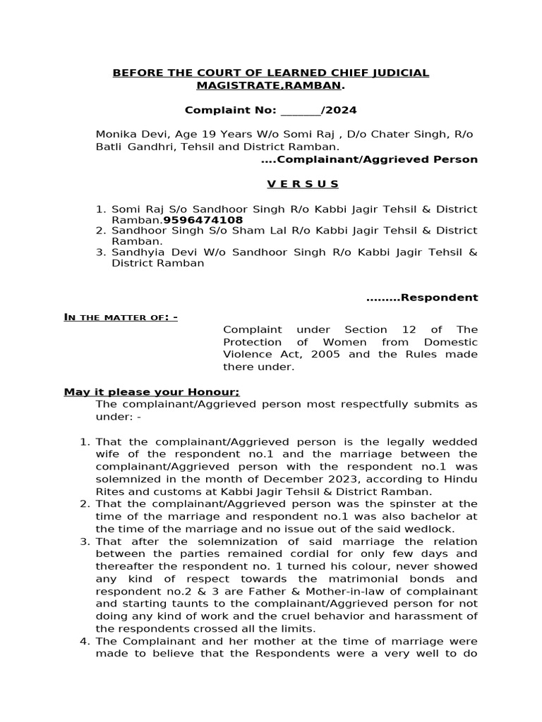 Complaint Monika Section 12 DV Act | PDF | Domestic Violence