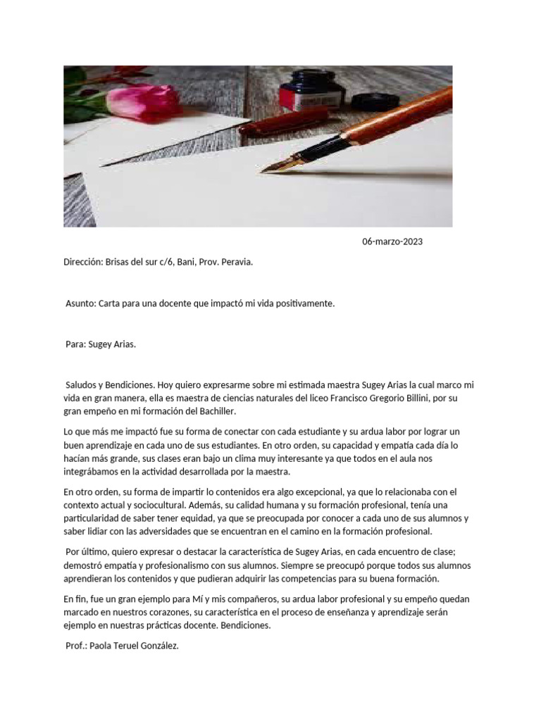 Carta de agradecimiento a maestra Sugey Arias | PDF