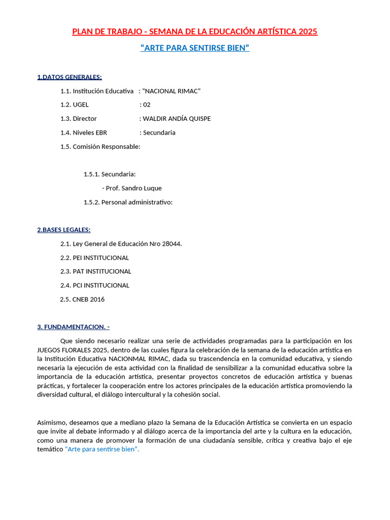 Plan de Trabajo: Semana Educativa Artística 2025 | PDF | Educación en ...
