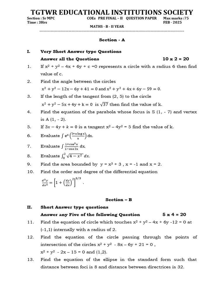 Maths B II Year Pre-Final Paper 2025 | PDF | Euclidean Plane Geometry ...