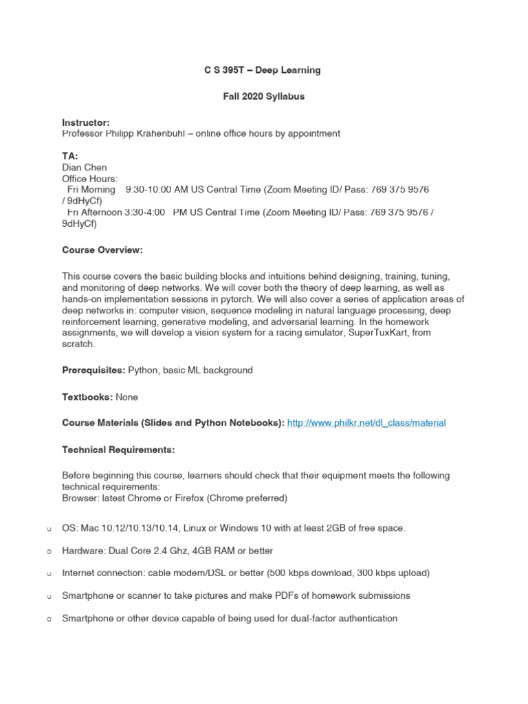 Deep Learning Course Syllabus Fall 2020 | PDF | Academic Dishonesty ...