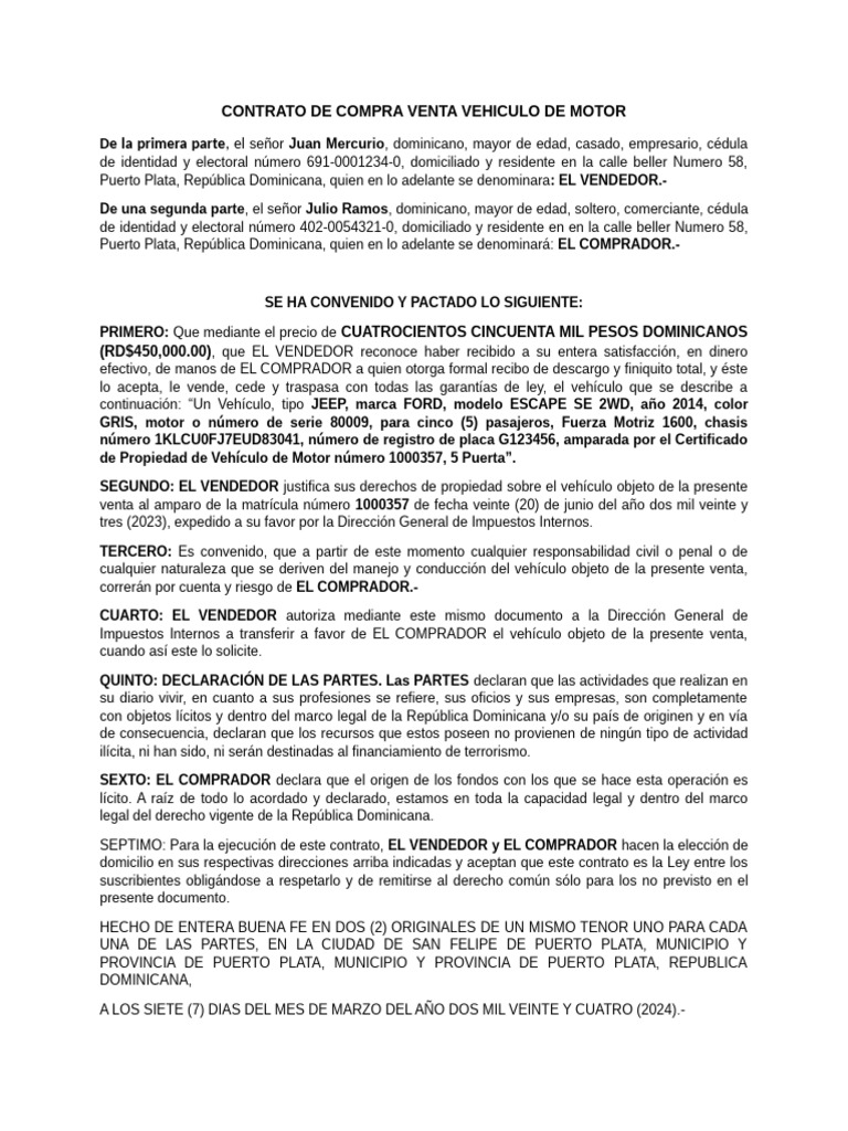 Contrato de Compra Venta de Vehículo | PDF | República Dominicana