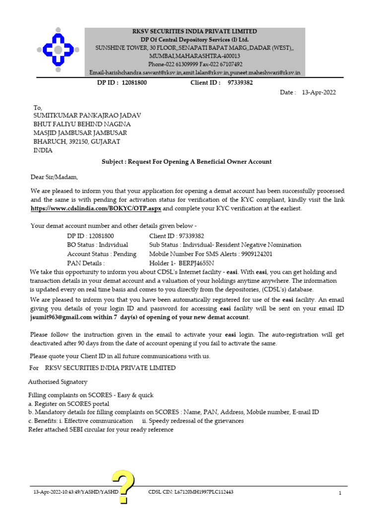 Demat Account Activation Notice | PDF