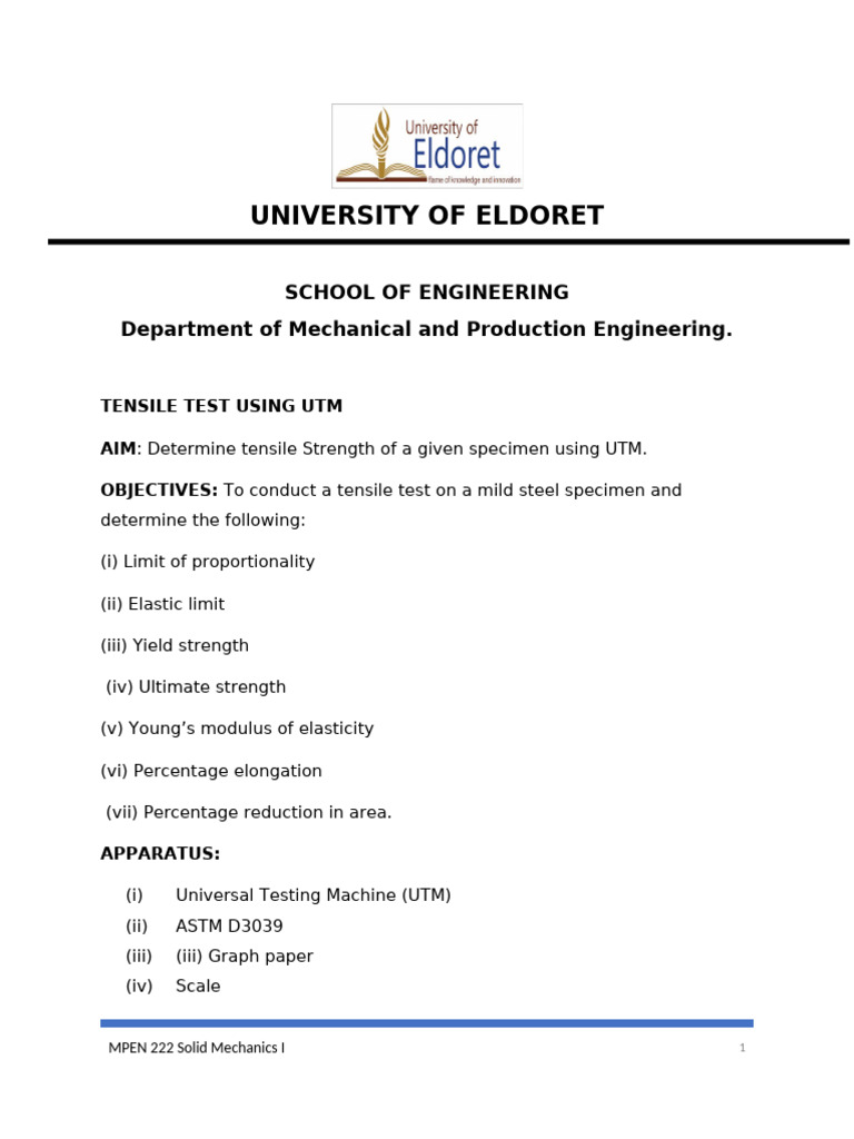 Tensile Testing Procedure Using UTM | PDF | Deformation (Engineering ...