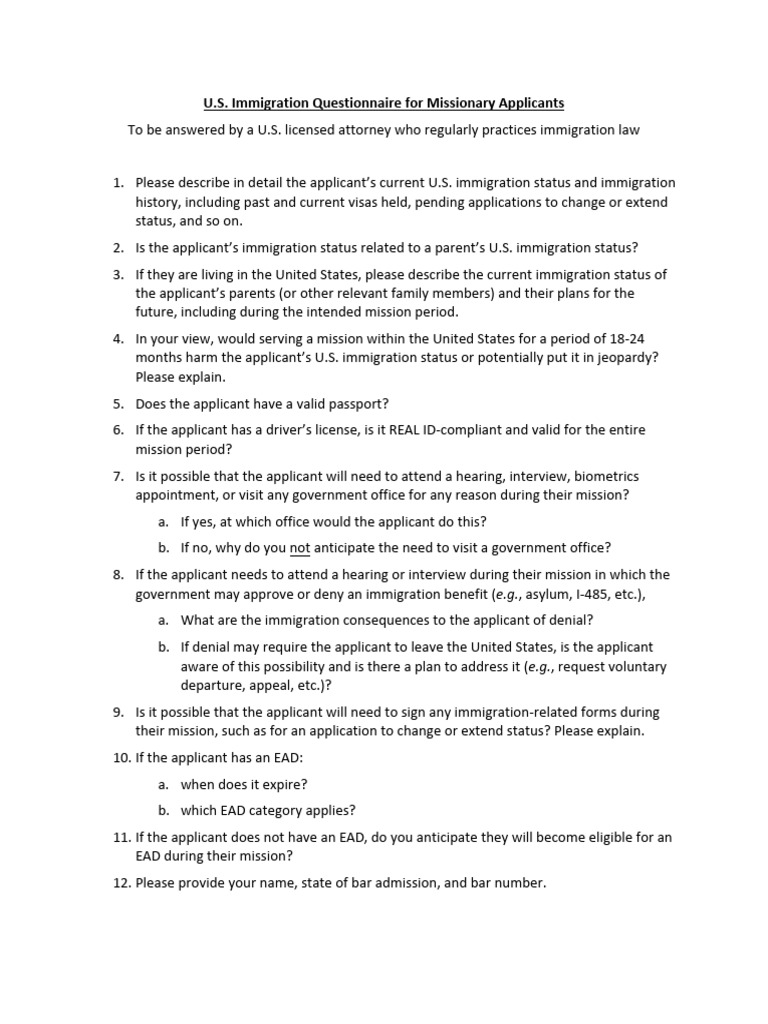 Immigration Questionnaire for Missionaries | PDF