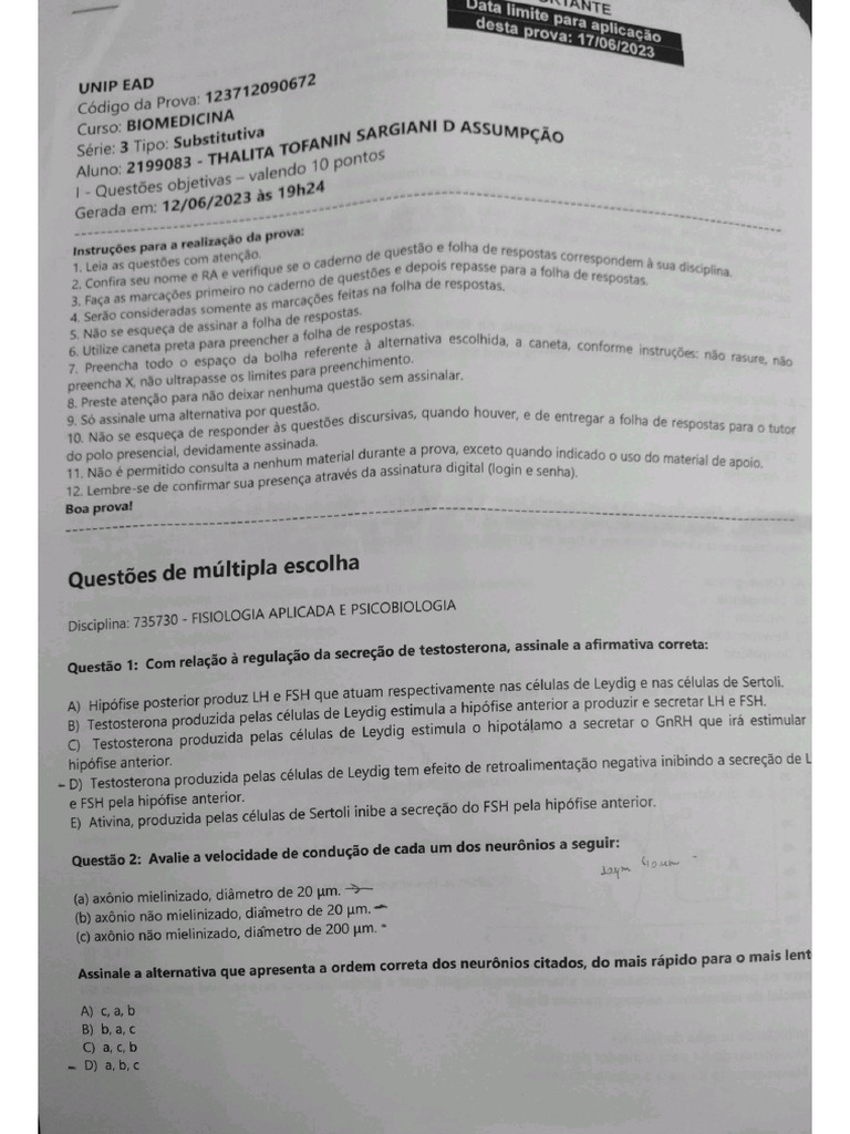 Prova Fisiologia Aplicada e Gabarito Unip | PDF