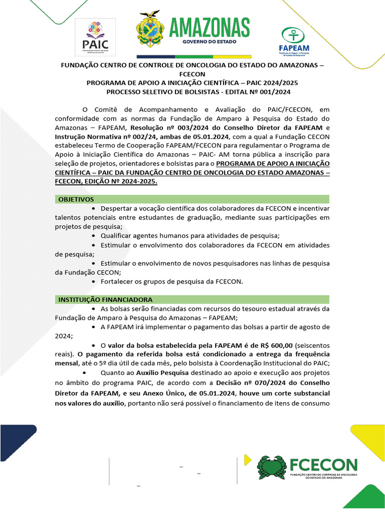 Seleção de Bolsistas PAIC 2024/2025 FCECON | PDF | Estado | Science