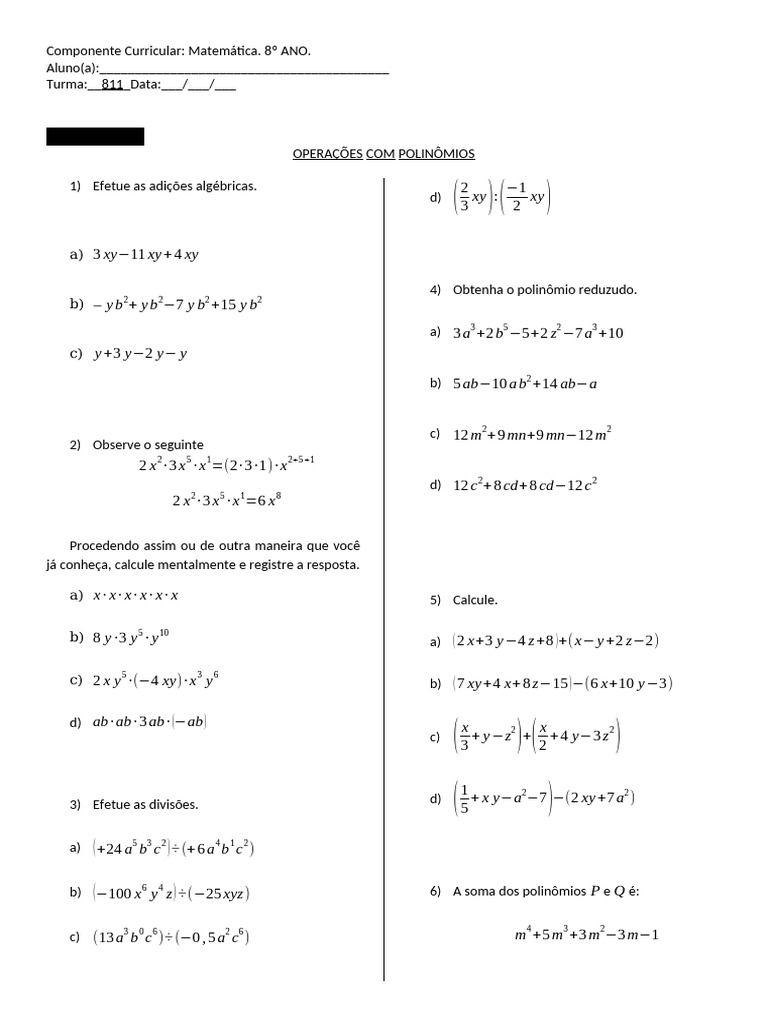 Operações com Polinômios - 8º Ano | PDF | Matemática