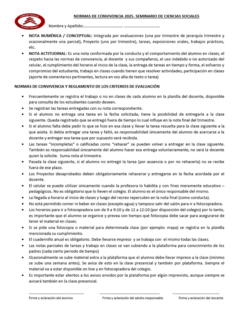 Normas de Convivencia 2025 en Clases | PDF