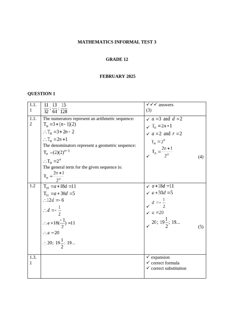 Grade 12 Mathematics Informal Test 3 | PDF | Mathematics | Mathematical ...
