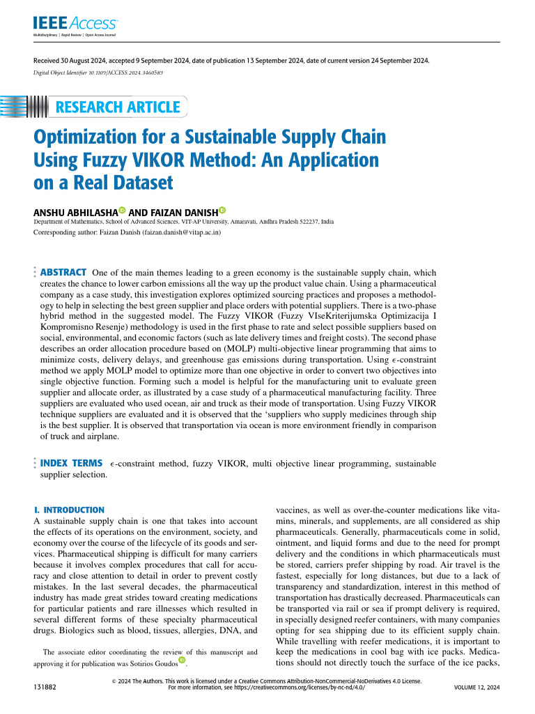Optimization For A Sustainable Supply Chain Using Fuzzy VIKOR Method An ...