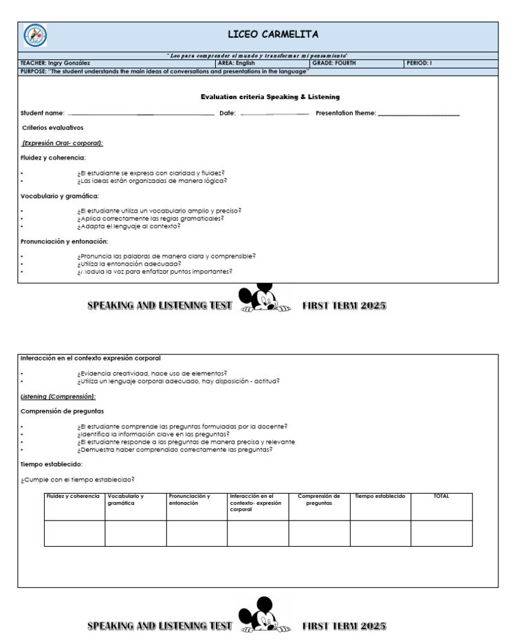 Evaluación de Inglés para Cuarto Grado | PDF
