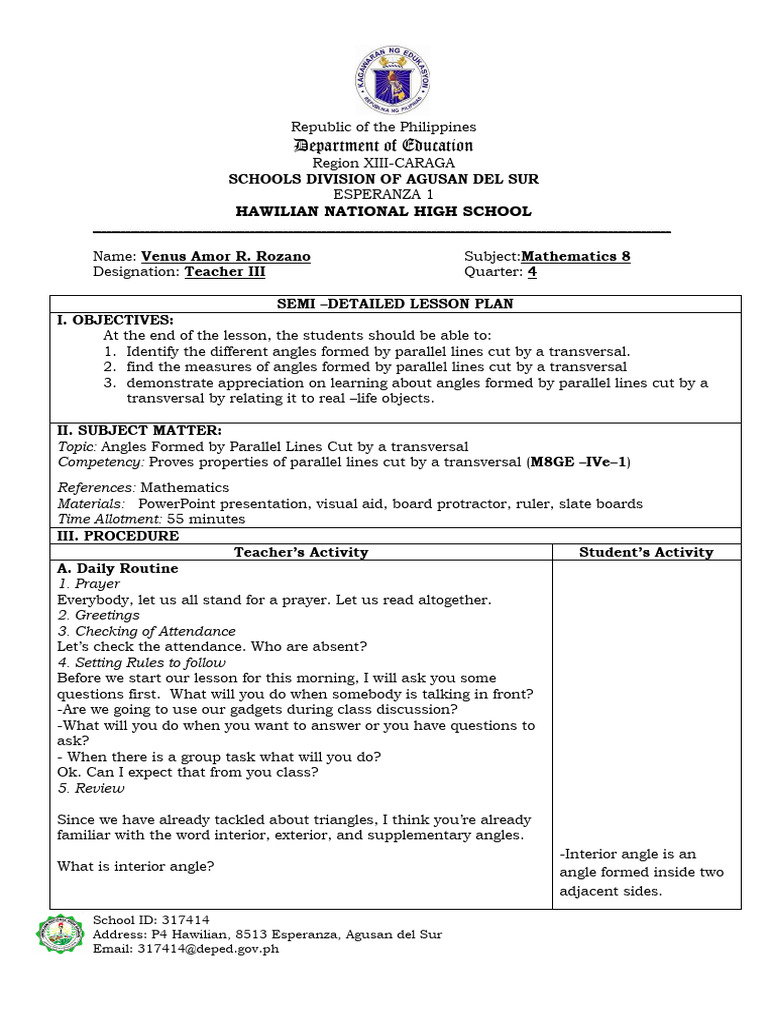 Math 8 Semi Detailed Lesson Plan | PDF | Angle | Elementary Geometry