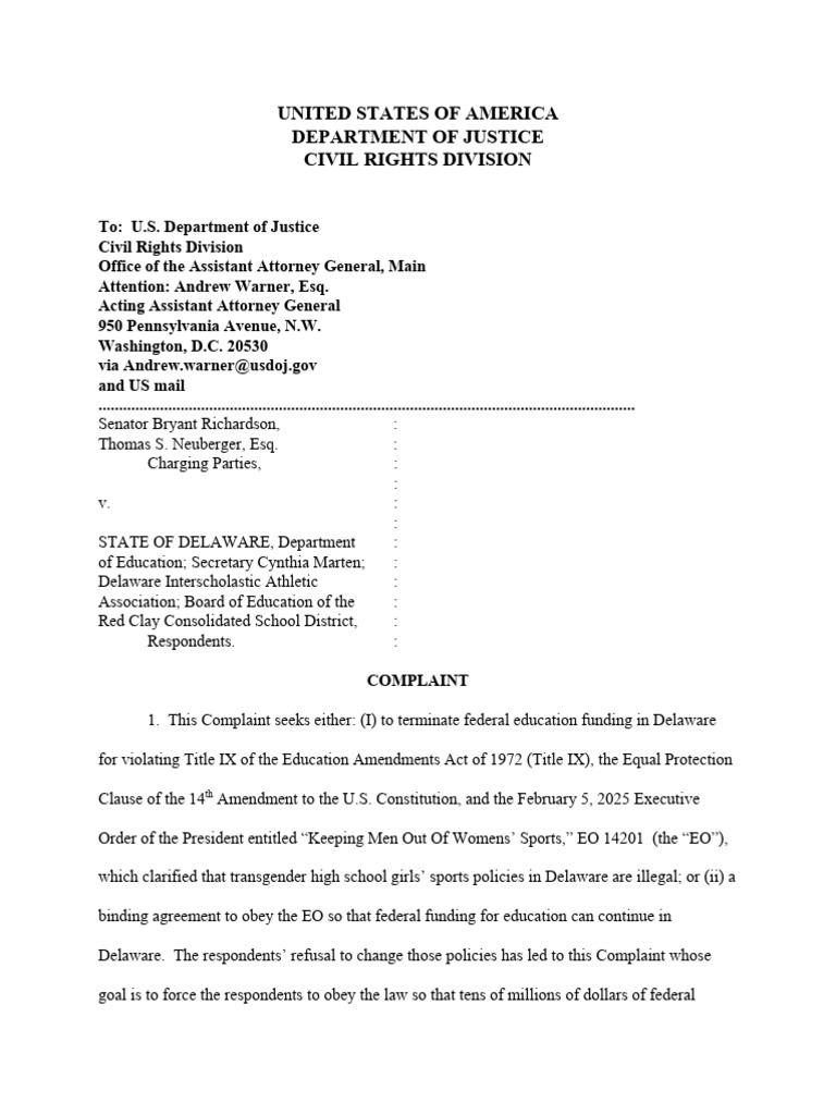 Federal Complaint With U.S. Dept. of Justice | PDF | Title Ix ...