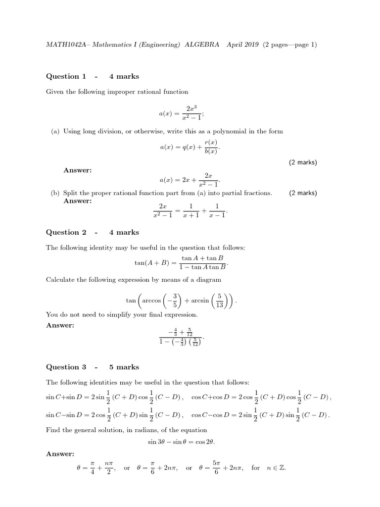 MATH1042 April 2019 Algebra Block Test | PDF | Equations | Mathematical ...