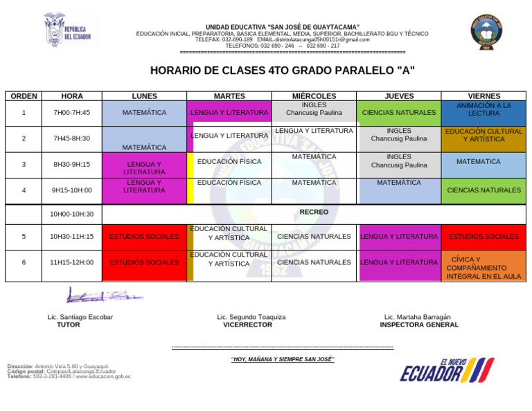 Horario Clases 4to Grado A 2025 | PDF