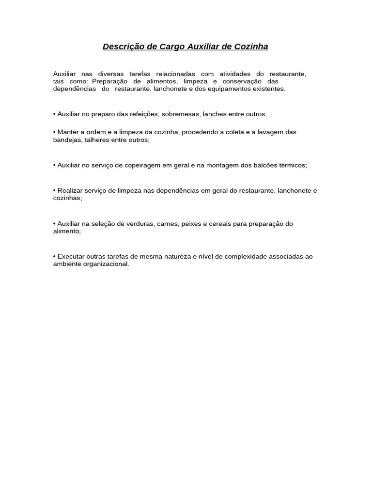 Descrição do Cargo: Auxiliar de Cozinha | PDF