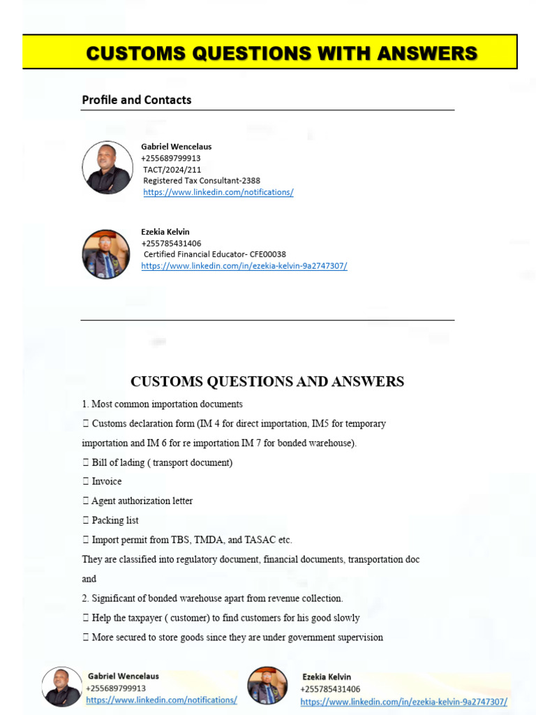 Customs Exam Questions and Answers Guide | PDF | Customs | Taxes