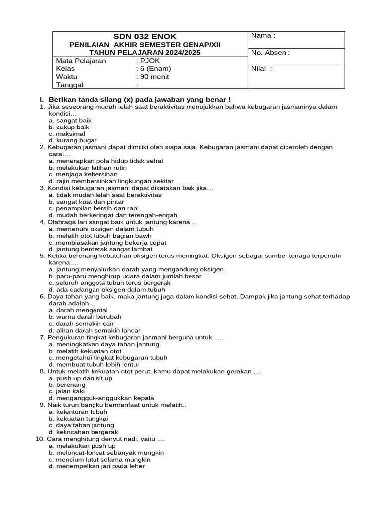 Penilaian Akhir PJOK Kelas 6 SDN 032 | PDF