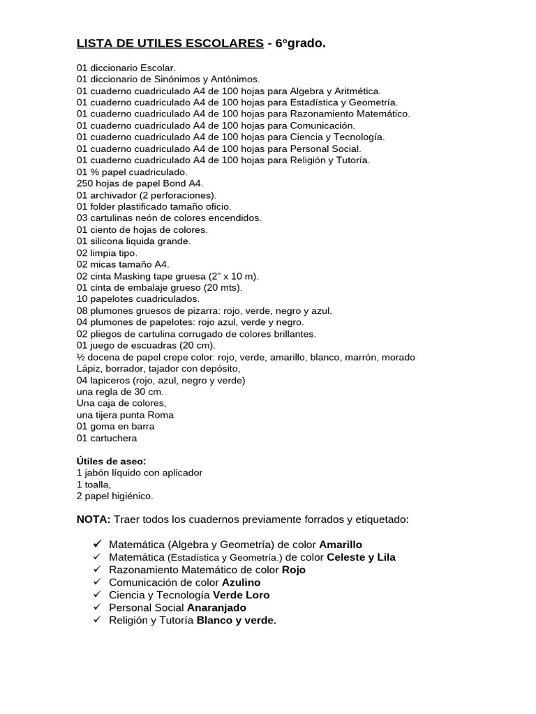 Lista de Utiles Escolares | PDF