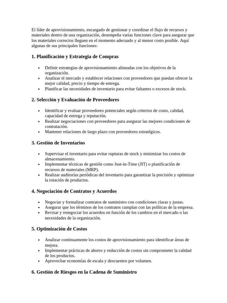 Funciones Clave del Líder de Aprovisionamiento | PDF | Obtención | Lean ...