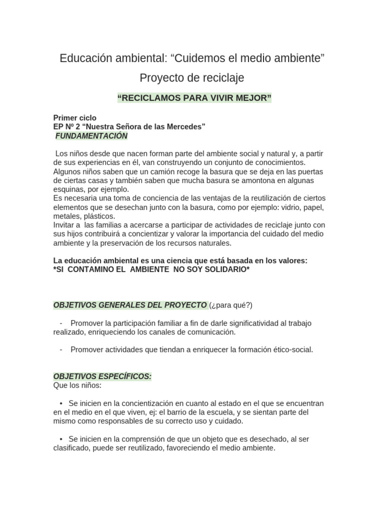 Proyecto de Educación Ambiental Infantil | PDF | Residuos | Reciclaje