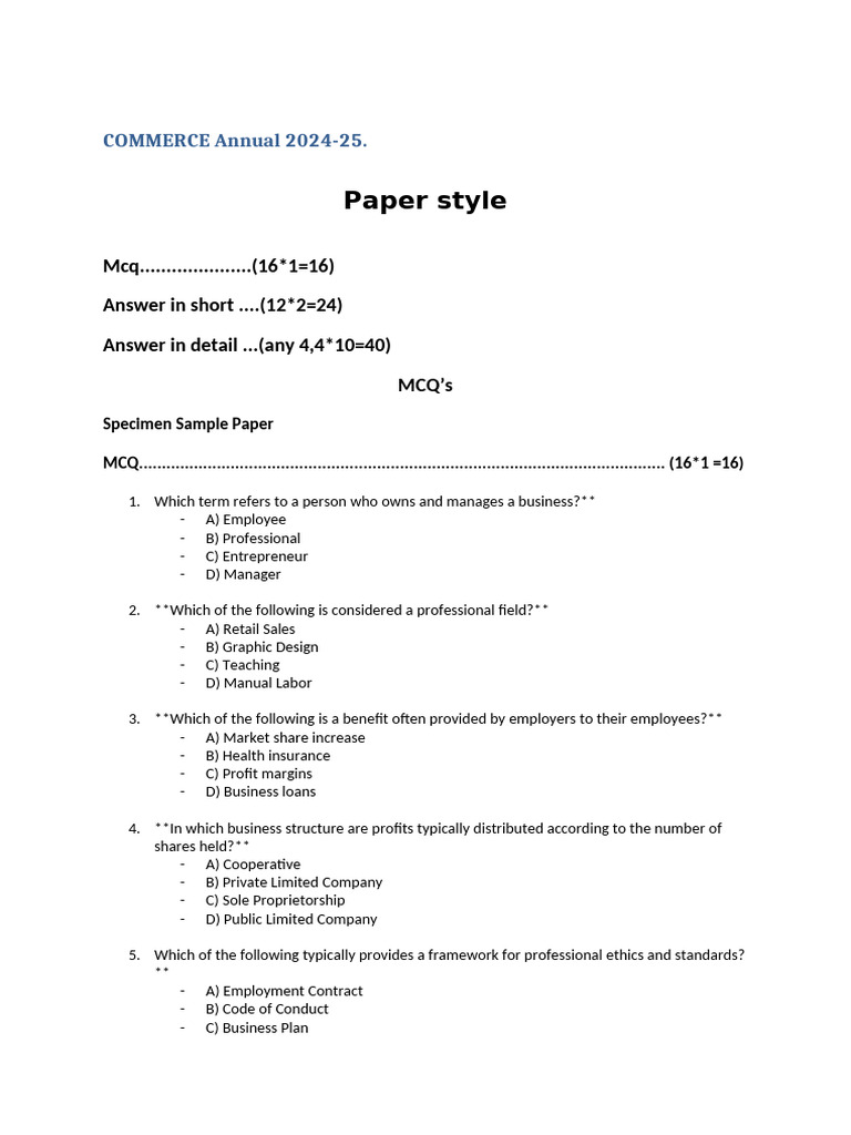 Commerce Exam Paper 2024-25 | PDF | Debits And Credits | Transaction ...