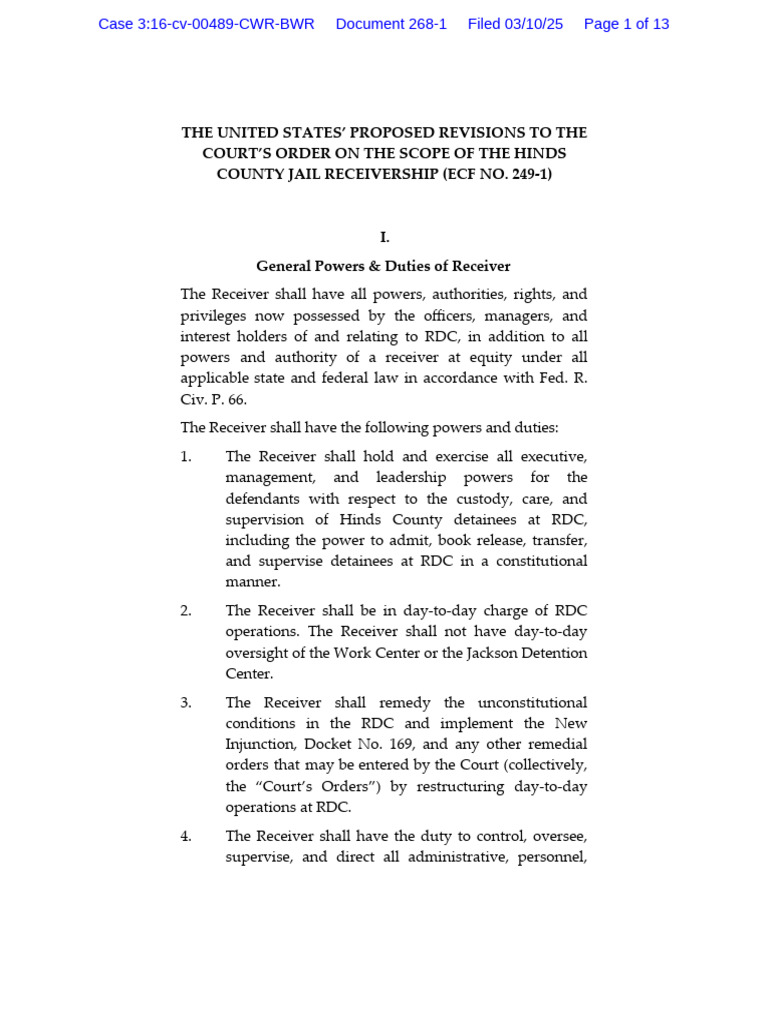 Hinds County Jail Receivership Powers | PDF | Lawsuit | Expense