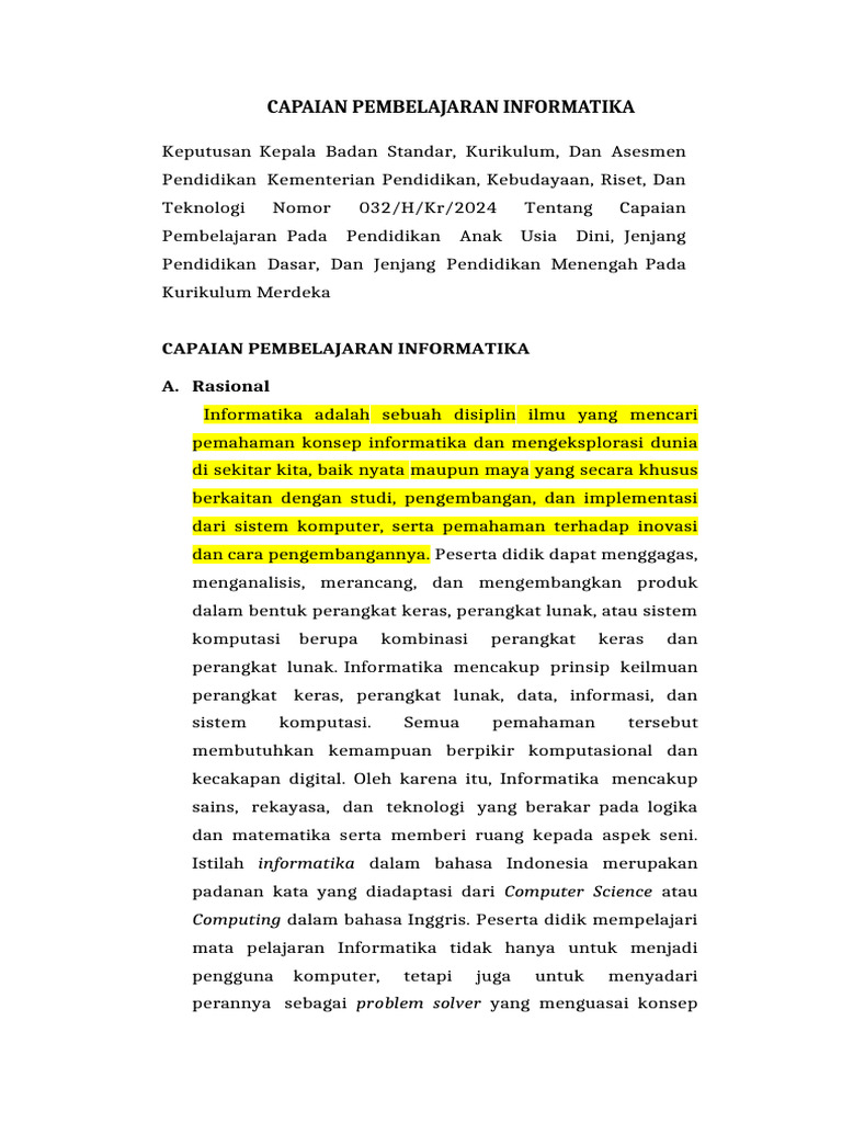 Capaian Pembelajaran Informatika 2024 | PDF