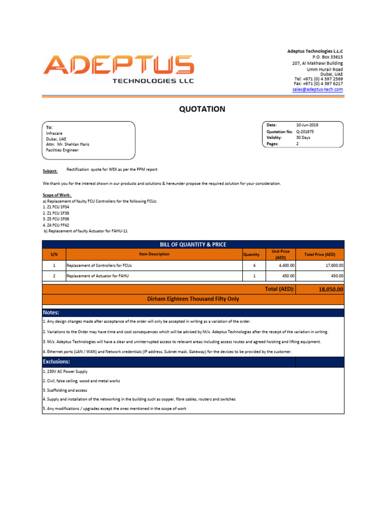 Rectification Quote for FCU Controllers | PDF | Computer Network ...