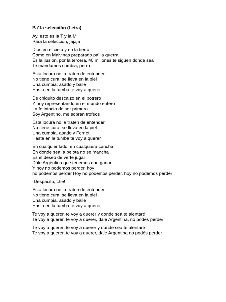 Pa La Seleccion Letra | PDF