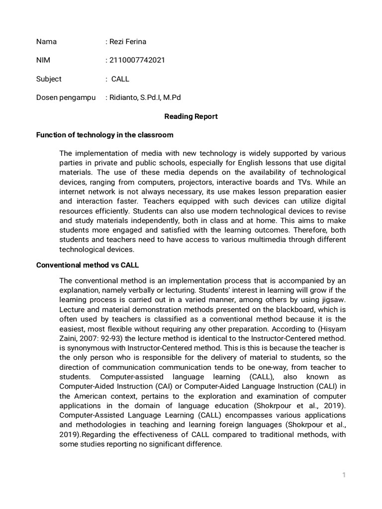 Reading Report CALL | PDF | Teachers | Educational Technology