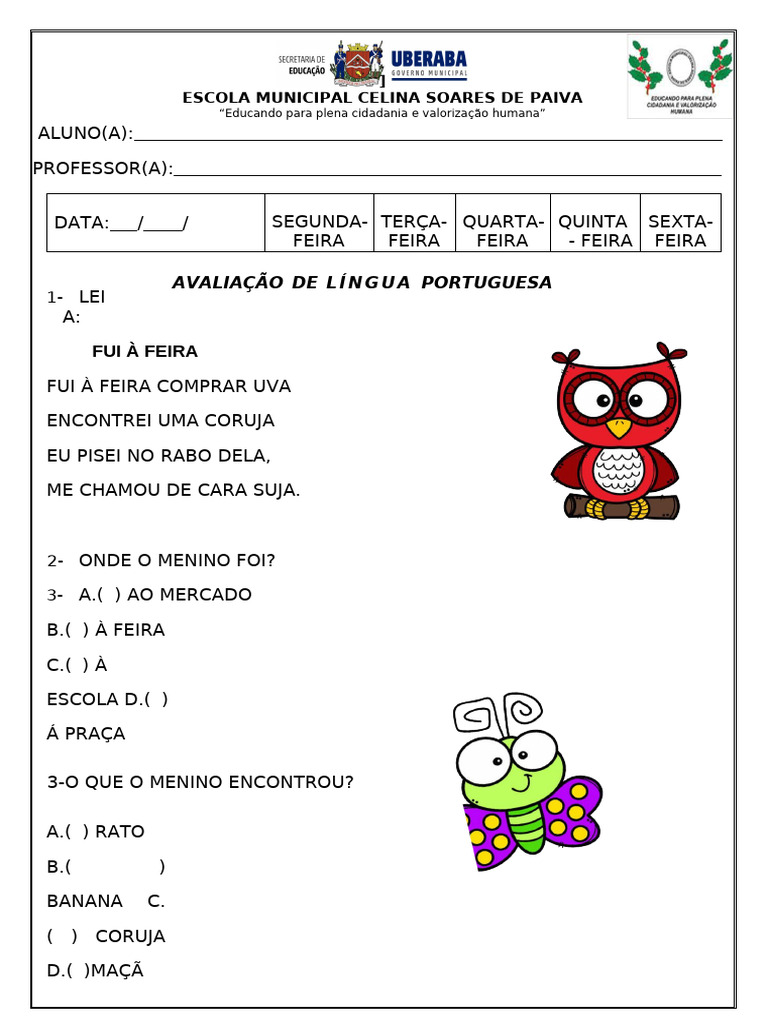 Avaliação de Língua Portuguesa Escolar | PDF