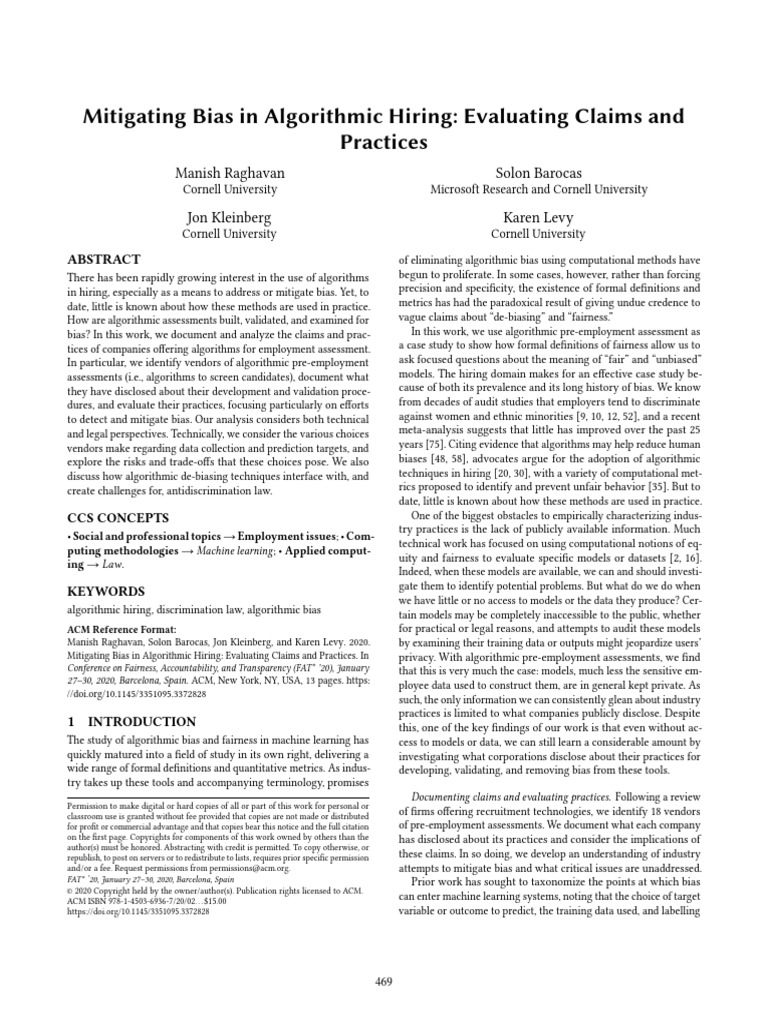 Mitigating Bias in Algorithmic Hiring: Evaluating Claims and Practices ...
