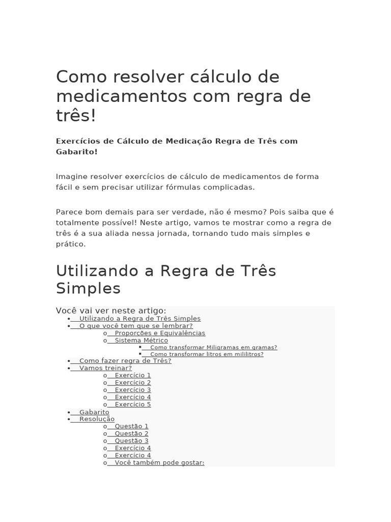 Cálculo de Medicamentos: Regra de Três | PDF | Cálculo | Concentração
