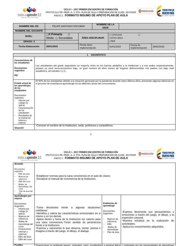Plan de Aula para Segundo Grado 2022 | PDF | Salón de clases | Aprendizaje