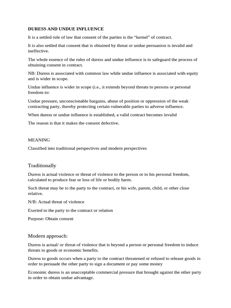 DURESS AND UNDUE INFLUENCE | PDF | Violence | Legal Concepts