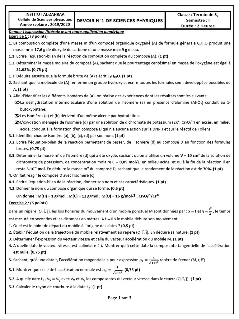 Devoir de Sciences Physiques Terminale S2 | PDF | Accélération | Chimie