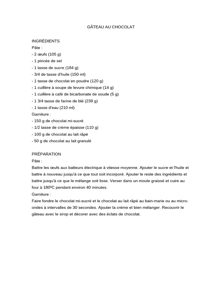 Recette de Gâteau au Chocolat Délicieux | PDF