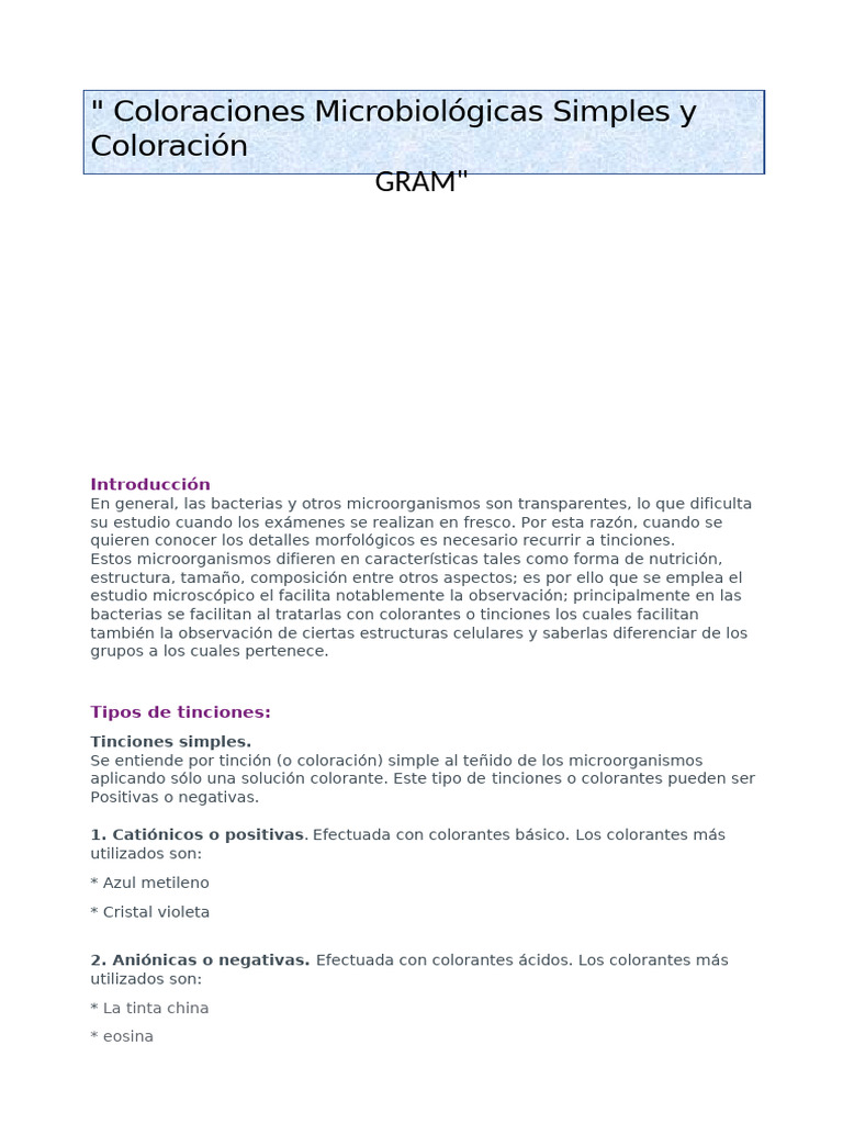 Tinción de Gram y Coloraciones Microbiológicas | PDF | Tinción | Biología