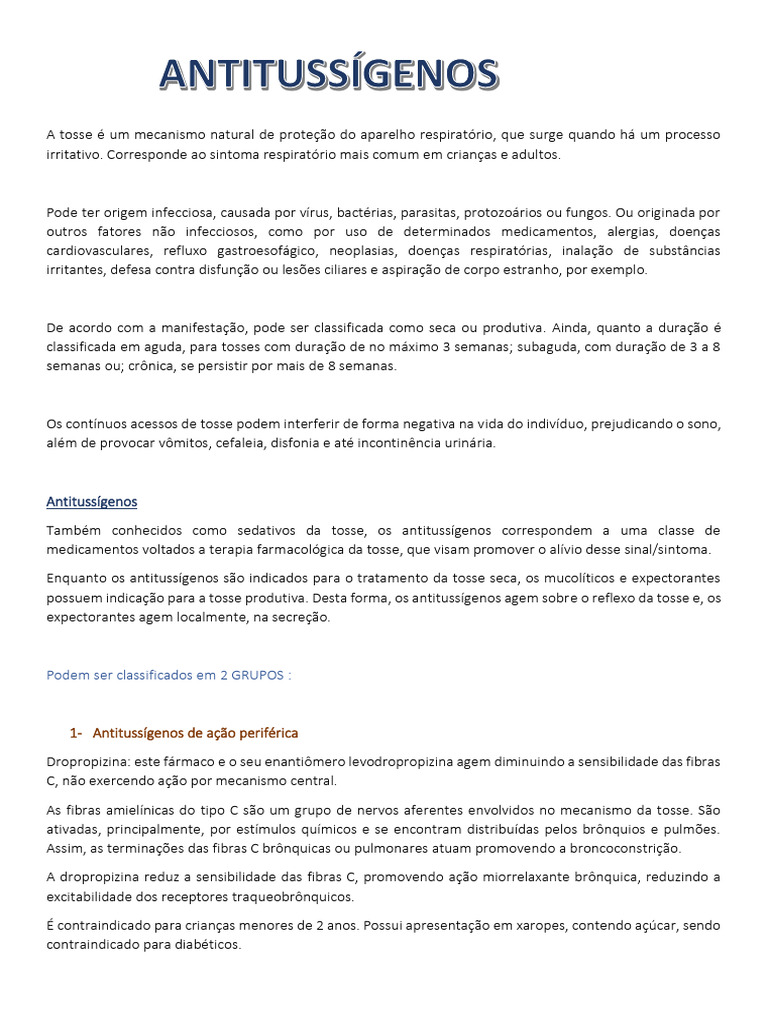 Fármacos Antitussígenos: Classificação e Uso | PDF | Tosse | Opioide