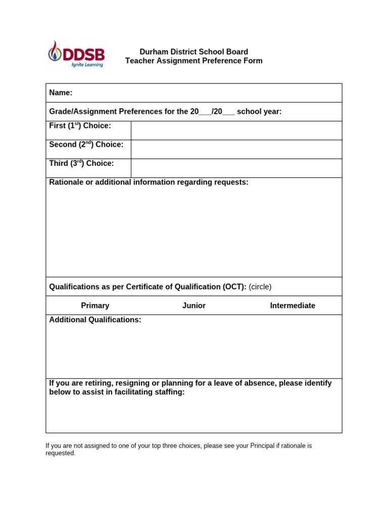 Elem Teacher Assignment Preference Form | PDF